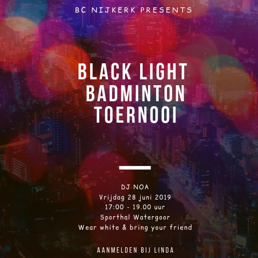 Meld je aan bij Linda voor het blacklight toernooi op vrijdag 28 maart.